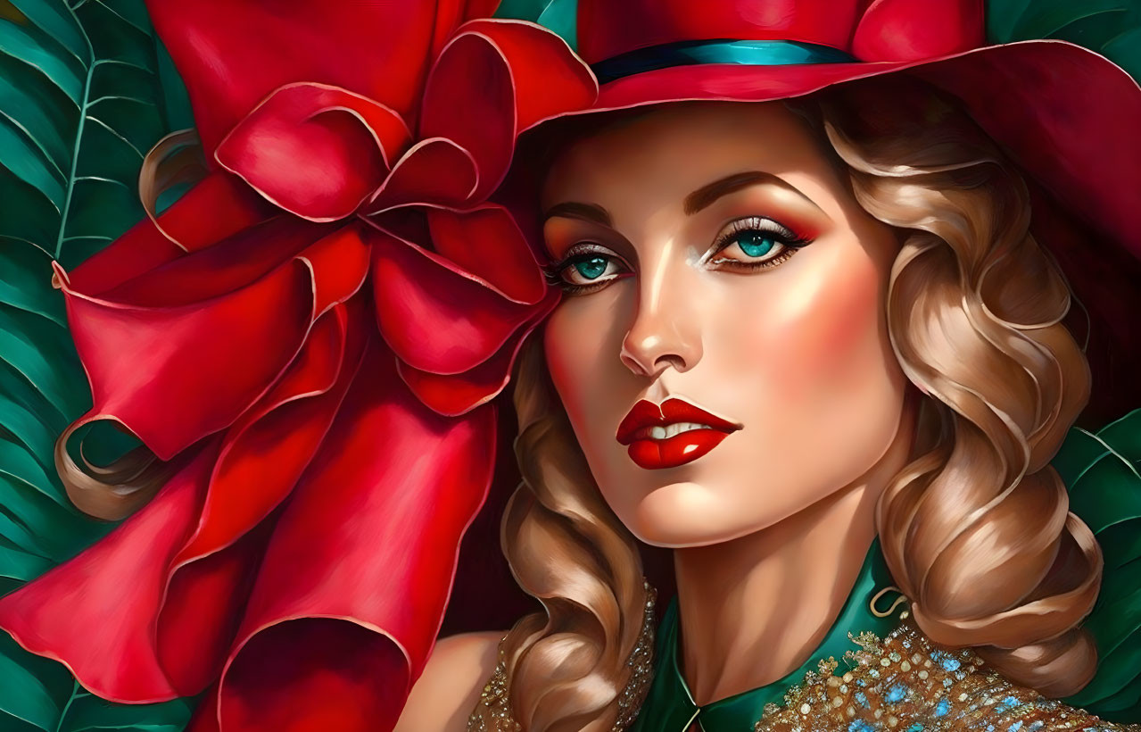 Illustrated woman with wavy hair and red lipstick in wide-brimmed hat with red flower on