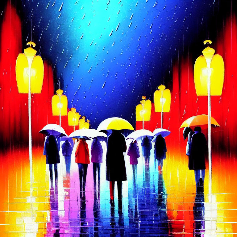 Vibrant painting of silhouetted figures with umbrellas in rainy cityscape