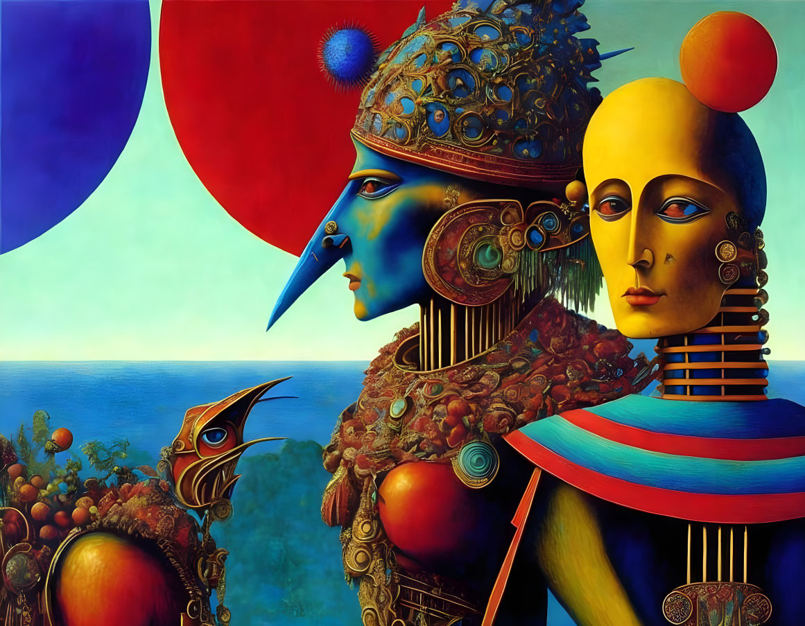 Surrealist painting of armored figures under dual celestial bodies