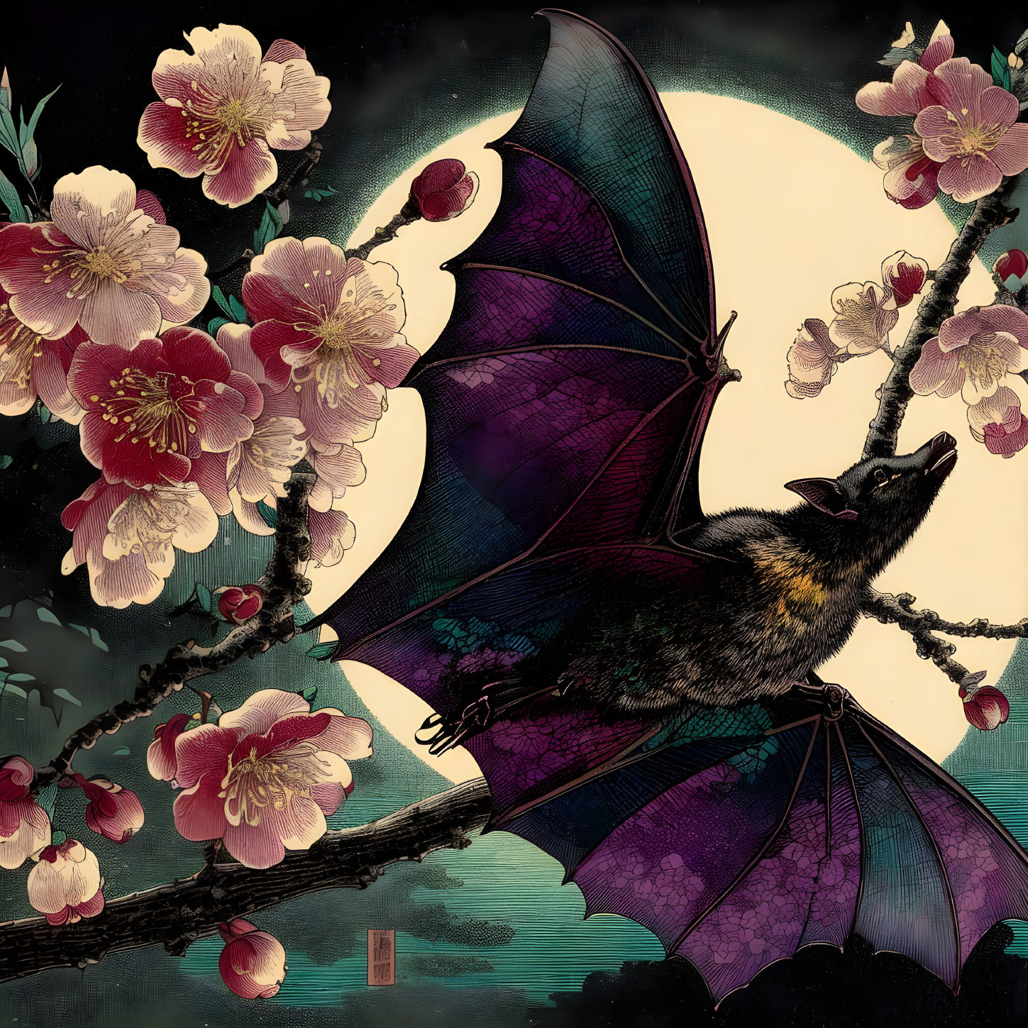 Stylized bat illustration on flowering branch under full moon