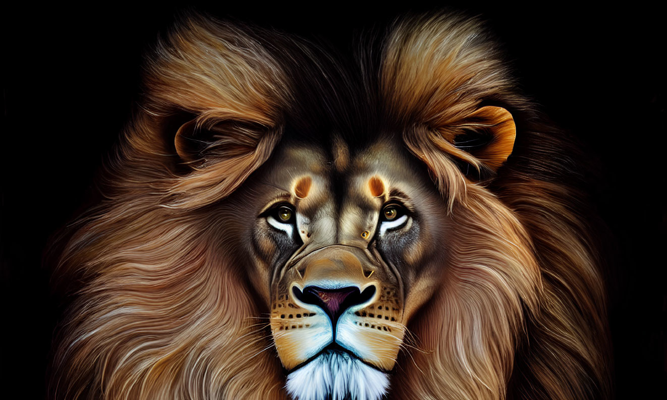 Detailed Lion Face Artwork with Rich Colors and Dark Background