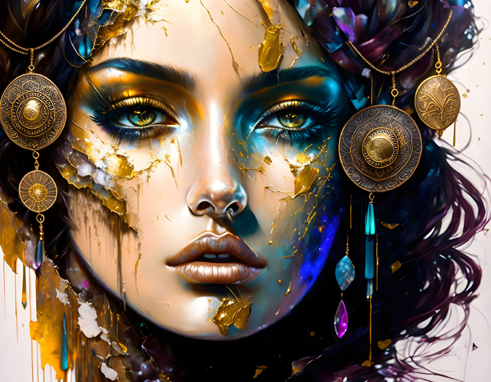 Colorful digital artwork: Woman in gold and purple with ornate jewelry in abstract setting