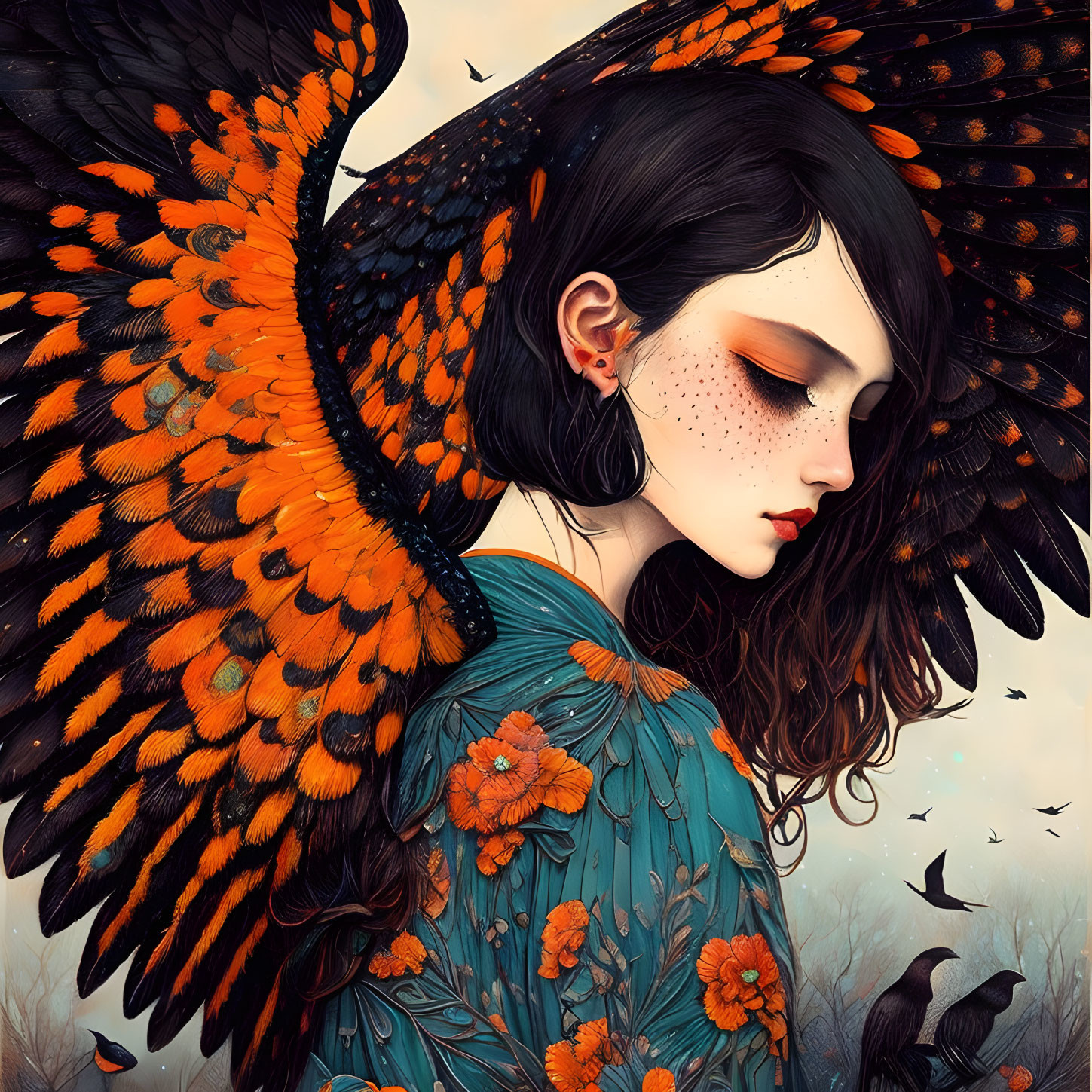 Woman with dark hair, orange-black wings, flowers on clothing, surrounded by birds on pale background