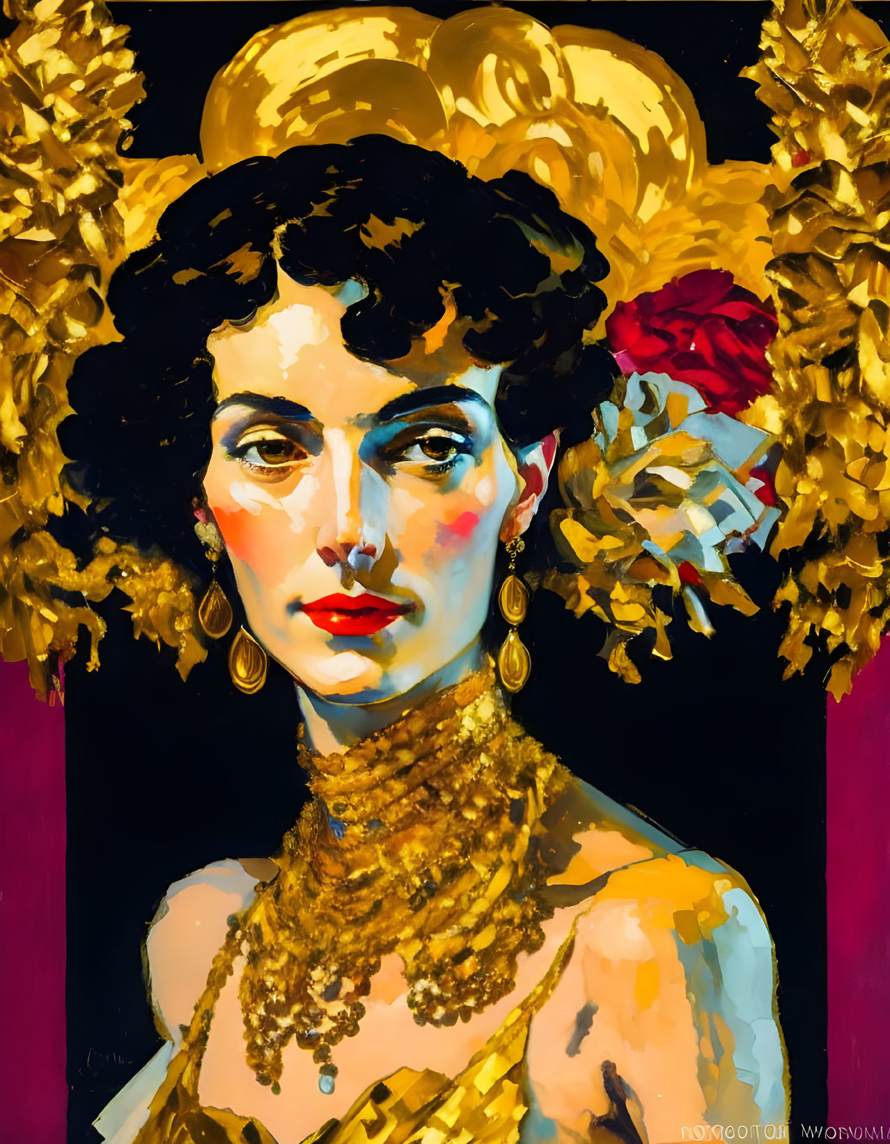 Stylized portrait of woman with golden headdress and jewelry