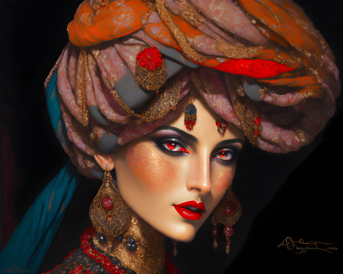 Luxurious woman illustration with dramatic makeup and ornate headwrap