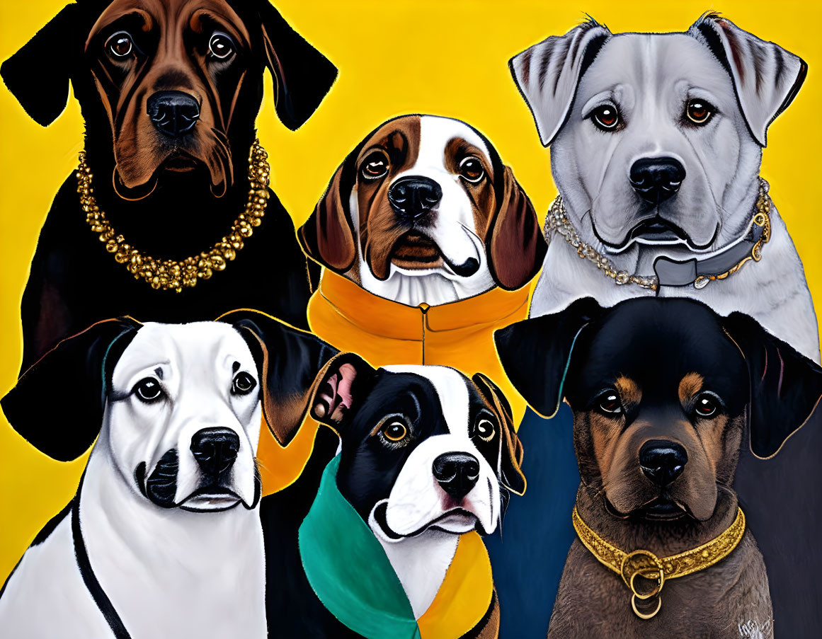 Vibrant painting featuring six dogs with varied breeds and accessories on yellow backdrop