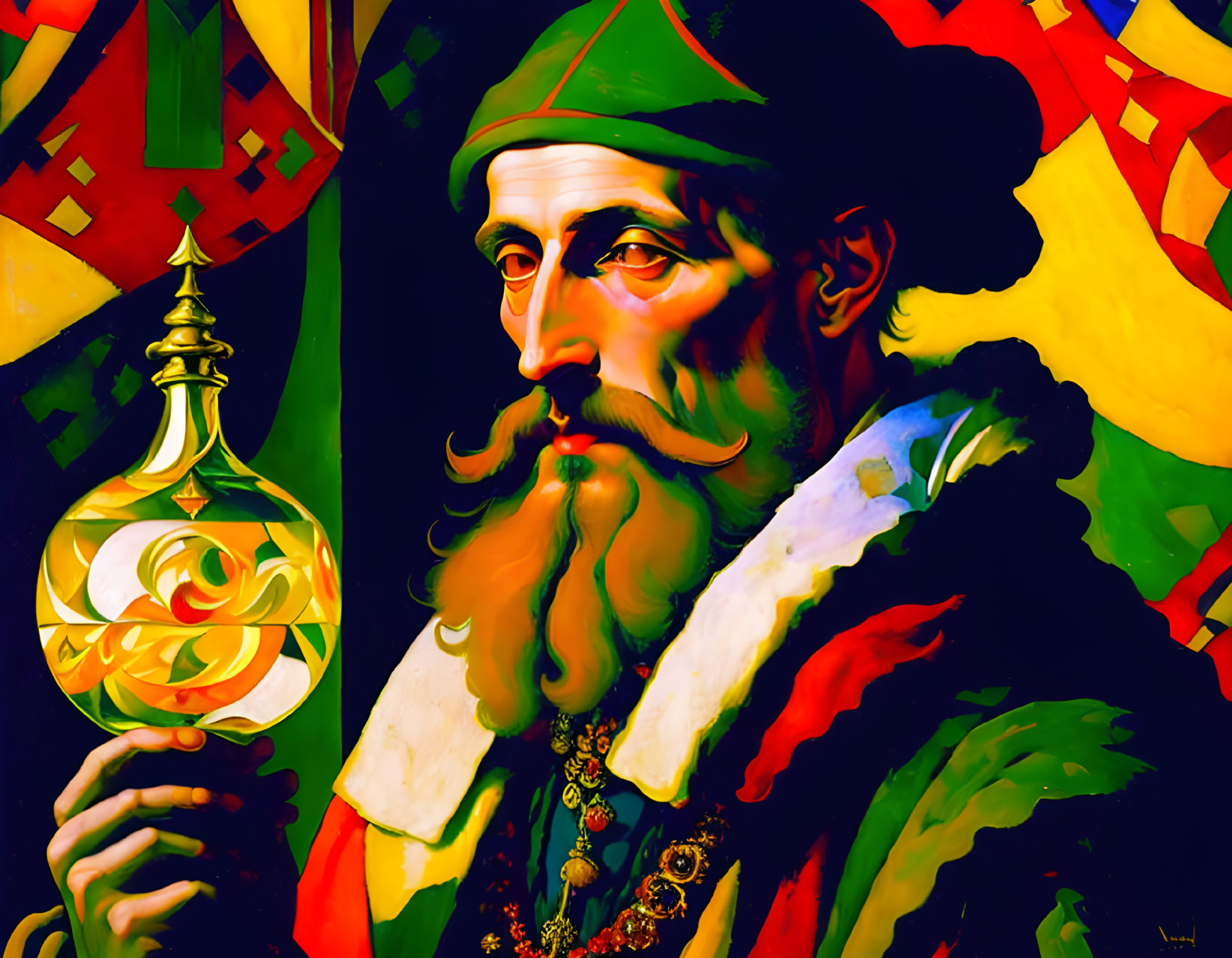 Colorful Renaissance portrait with bearded figure holding ornamental sphere.