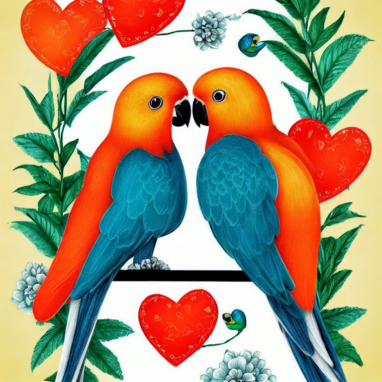 Colorful Parrots Perched Among Greenery and Floral Elements