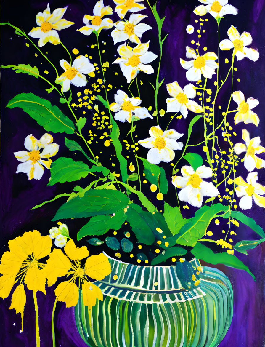 Colorful floral painting with white and yellow flowers in a patterned vase on deep purple backdrop