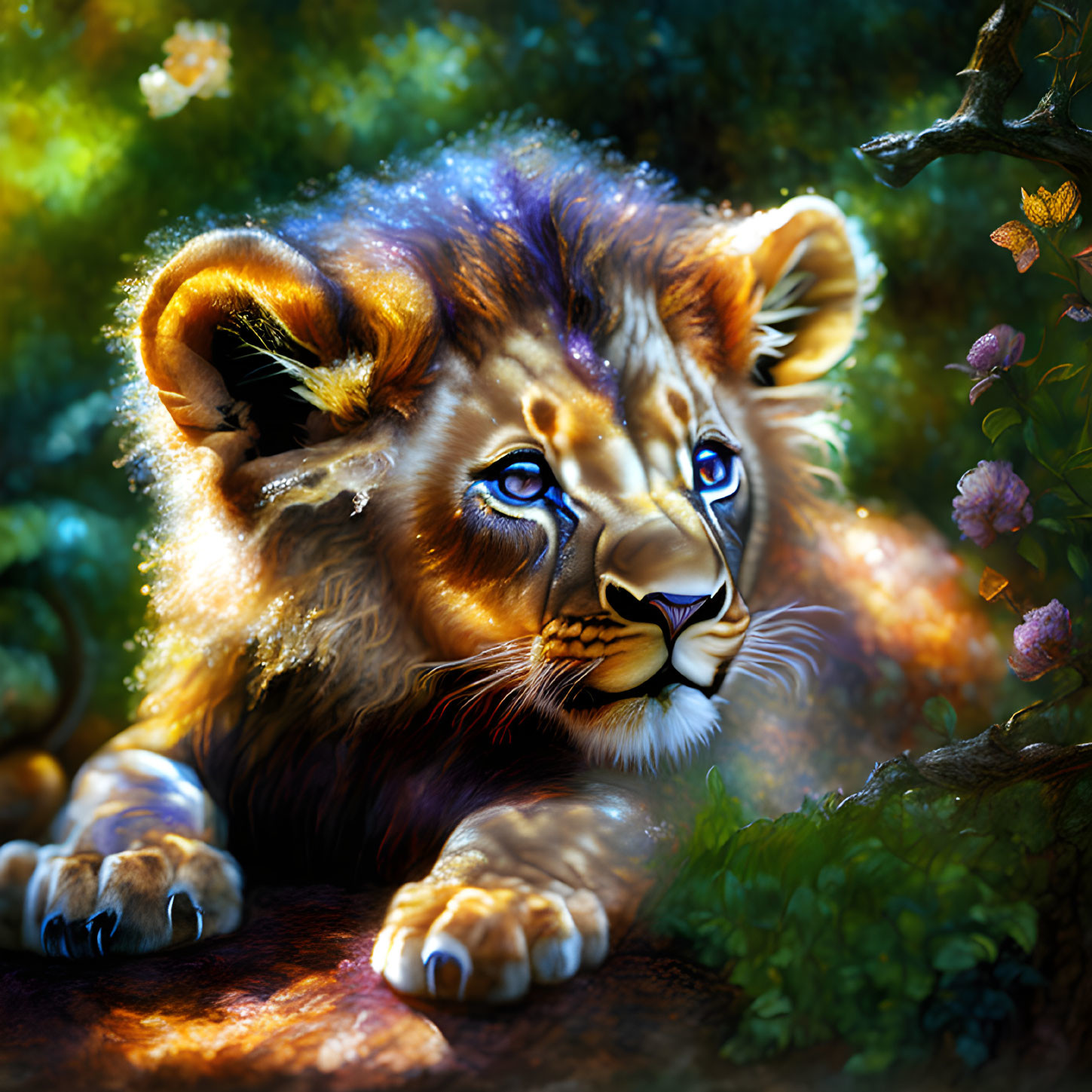 Digitally illustrated lion cub in magical forest setting