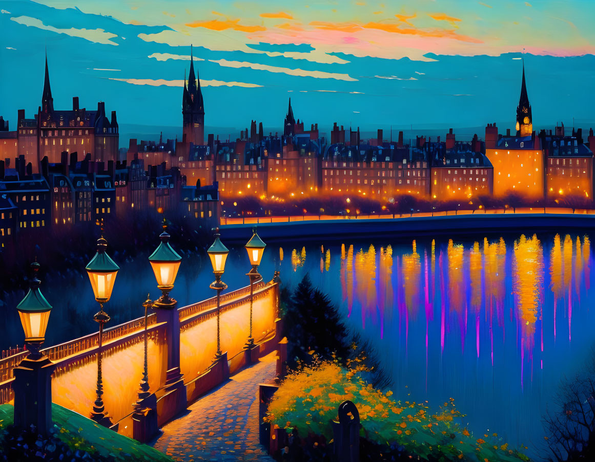 Colorful cityscape illustration: illuminated riverwalk at dusk