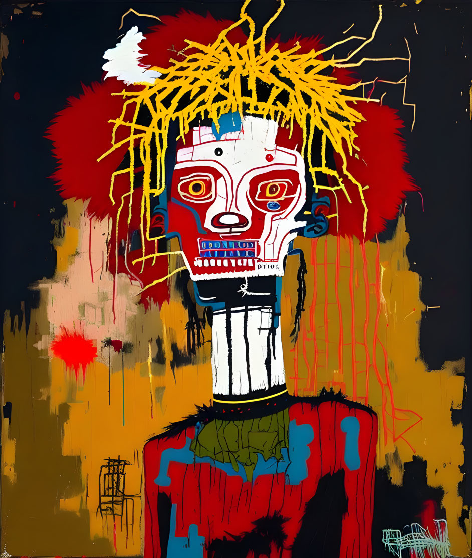 Colorful abstract painting: figure with red, white, and blue face, yellow hair, and elong