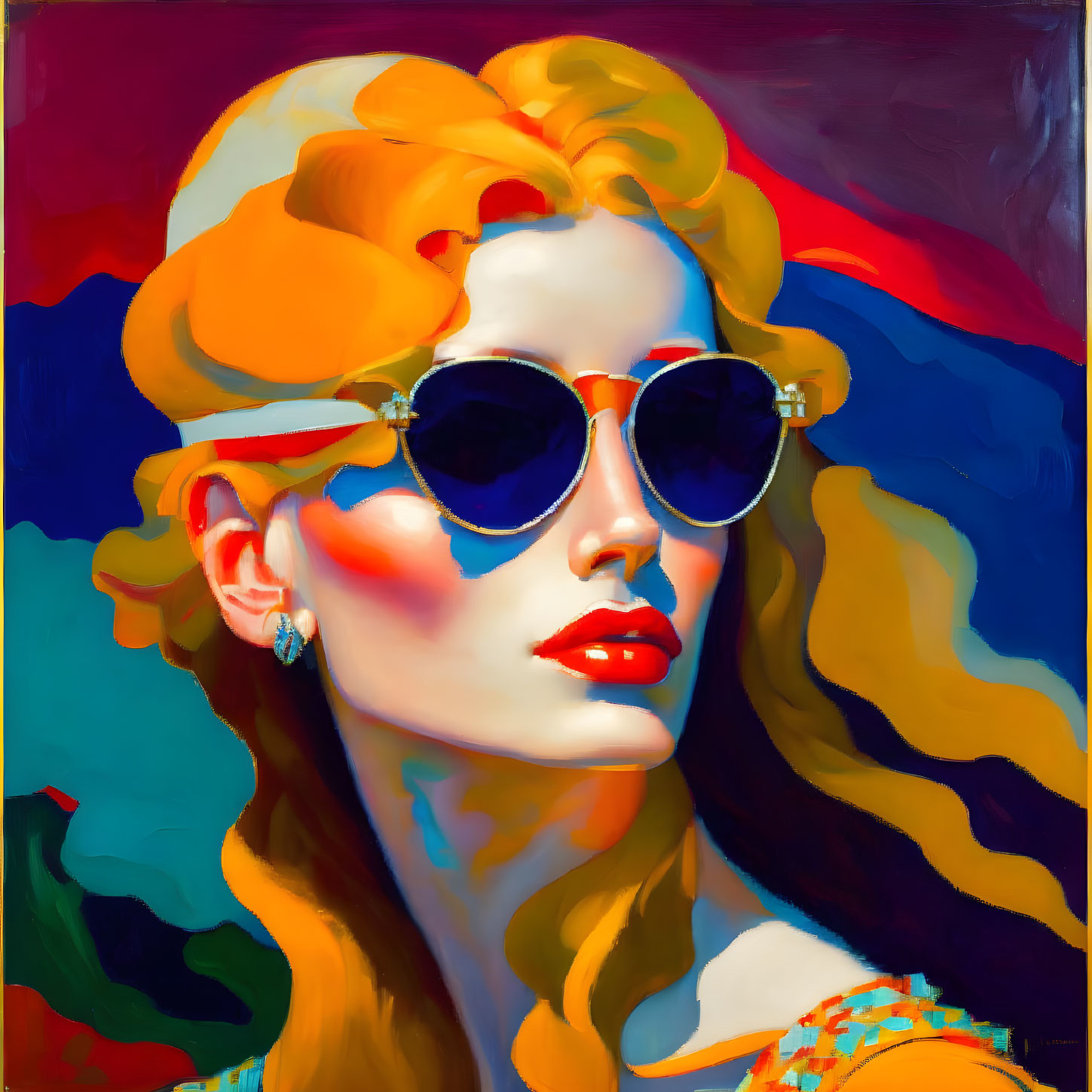 Vibrant painting of woman with red lips and sunglasses on colorful background