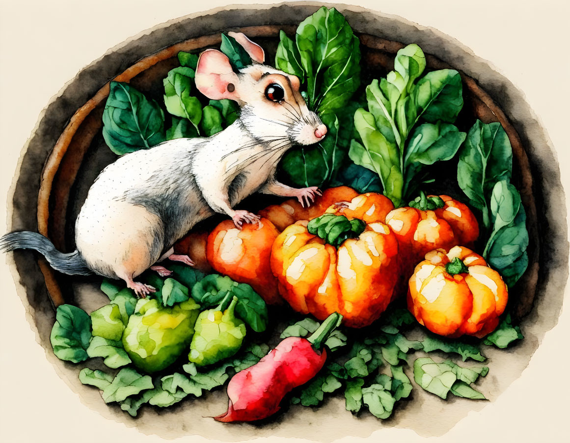 Watercolor illustration of cute mouse in vegetable garden setting