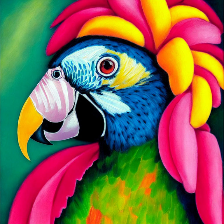 Colorful Parrot Painting with Blue, Green, and Pink Plumage