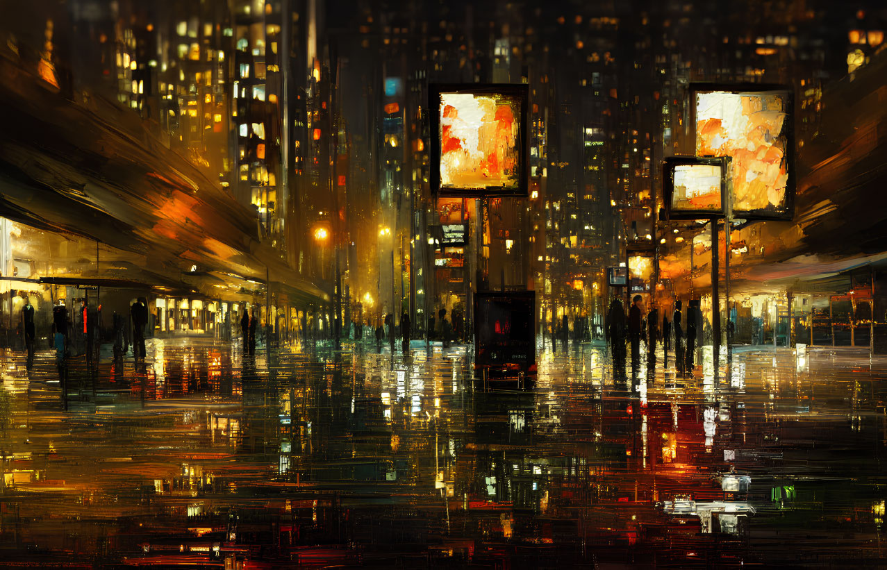 Urban night scene with city lights, billboards, and silhouettes on wet ground