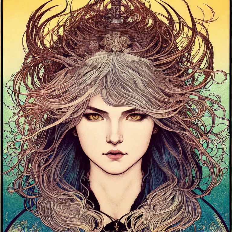 Detailed illustration of person with voluminous hair, yellow eyes, and stoic expression