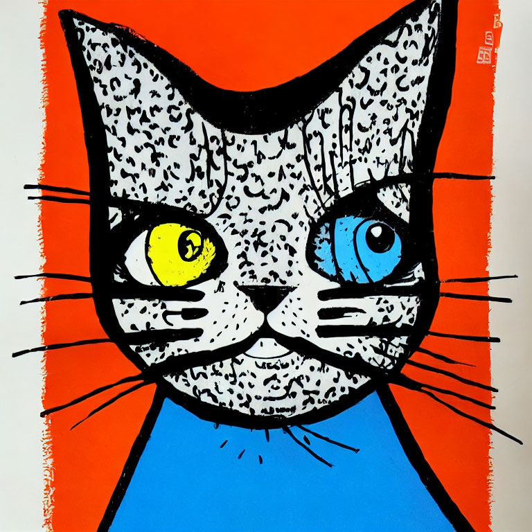 Colorful Pop Art Style Cat with Speckled Face and Mismatched Eyes on Orange Background