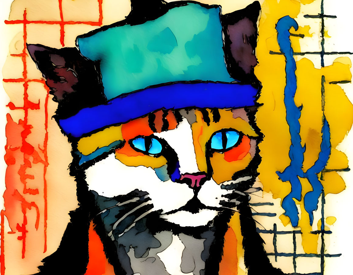 Vibrant Cat Artwork with Blue Eyes and Hat, Abstract Color Splashes