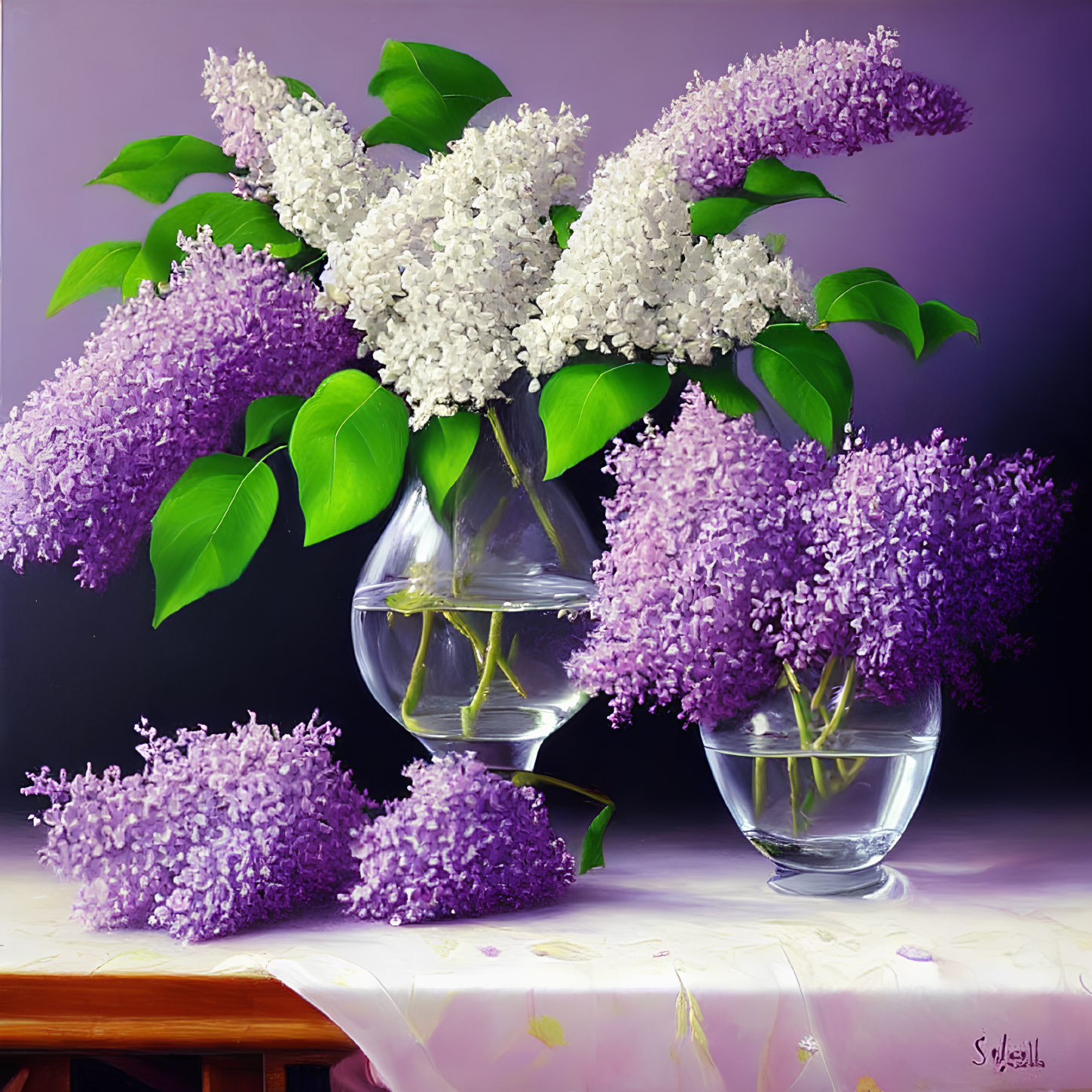 Realistic Painting of Purple and White Lilac Blossoms in Glass Vases