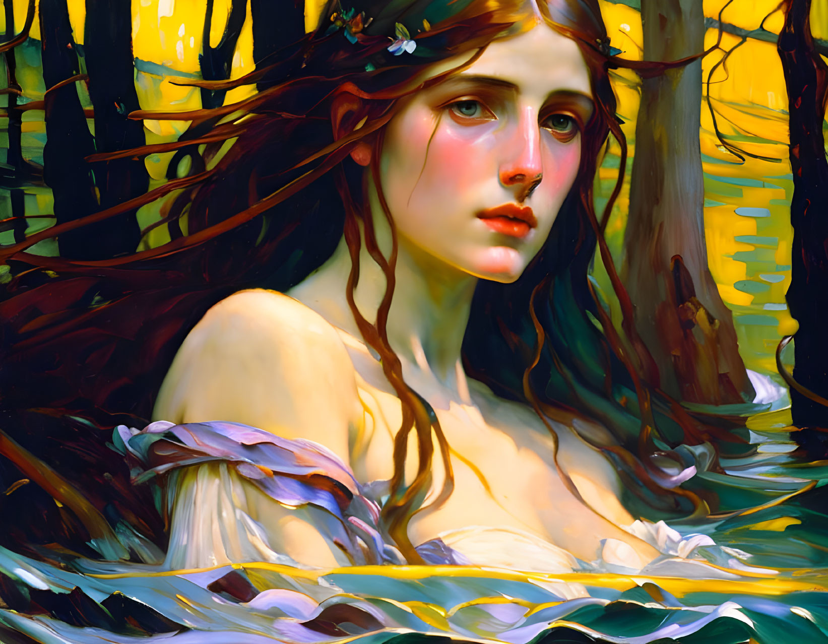 Detailed painting of young woman with flowing hair in ethereal setting