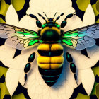 Detailed Digital Artwork: Bee with Intricate Wings and Fuzzy Body Amid Yellow-Edged Leaves