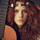 Woman with Flower-Adorned Hair Holding Guitar in Vibrant Illustration