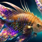 Colorful lionfish digital art with glowing patterns in dark ocean.