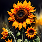 Bright yellow sunflower with dark brown center and two smaller blooms on dark background