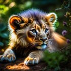 Digitally illustrated lion cub in magical forest setting