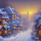 Winter village scene with glowing windows and snowy sunset