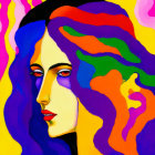 Colorful woman with flowing hair and bold makeup on yellow backdrop