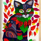 Colorful Stylized Cat Painting with Green Eyes Among Autumn Leaves