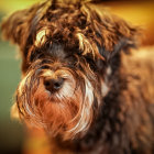 Colorful Dog Painting with Expressive Eyes and Shaggy Coat on Abstract Background