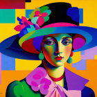 Vibrant portrait of a woman in floral hat on geometric backdrop