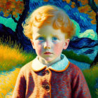 Young child with red hair and freckles in vibrant landscape.