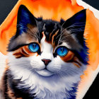 Vivid digital painting of a cat with blue eyes and colorful fur on orange backdrop