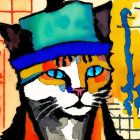 Vibrant Cat Artwork with Blue Eyes and Hat, Abstract Color Splashes