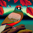 Colorful bird illustration perched on foliage with red branches in serene blue landscape