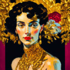 Stylized portrait of woman with golden headdress and jewelry