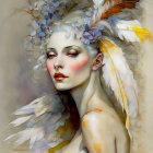 Person adorned with ethereal feathers and vibrant floral motifs.