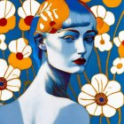 Person portrait with blue skin, red lips, and floral background.