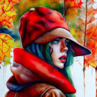 Colorful autumn woman illustration with leaves in background