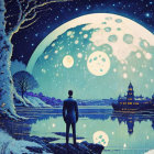 Person gazes at moons over lake with castle silhouette and snowy landscape