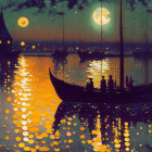 Full Moon Nighttime Scene with Silhouettes in Boat and Twinkling Lights