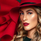 Illustrated woman with wavy hair and red lipstick in wide-brimmed hat with red flower on