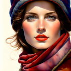 Detailed Digital Painting of Woman with Striking Green Eyes in Red Hat and Scarf