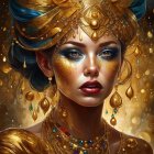 Illustrated Woman with Golden Jewelry and Blue Eyes