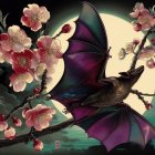 Stylized bat illustration on flowering branch under full moon