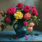 Colorful oil painting of red and yellow roses in blue vase on muted background